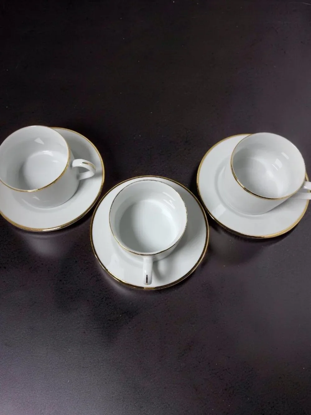 Vintage Set of 3 Pier 1 Gold Trim 8oz Porcelain Coffee Cups and Saucers